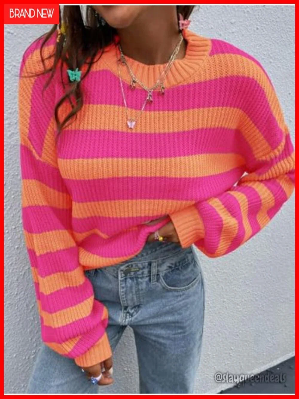 Color Block Striped Long Sleeve Drop Shoulder Pullover Sweater Top
